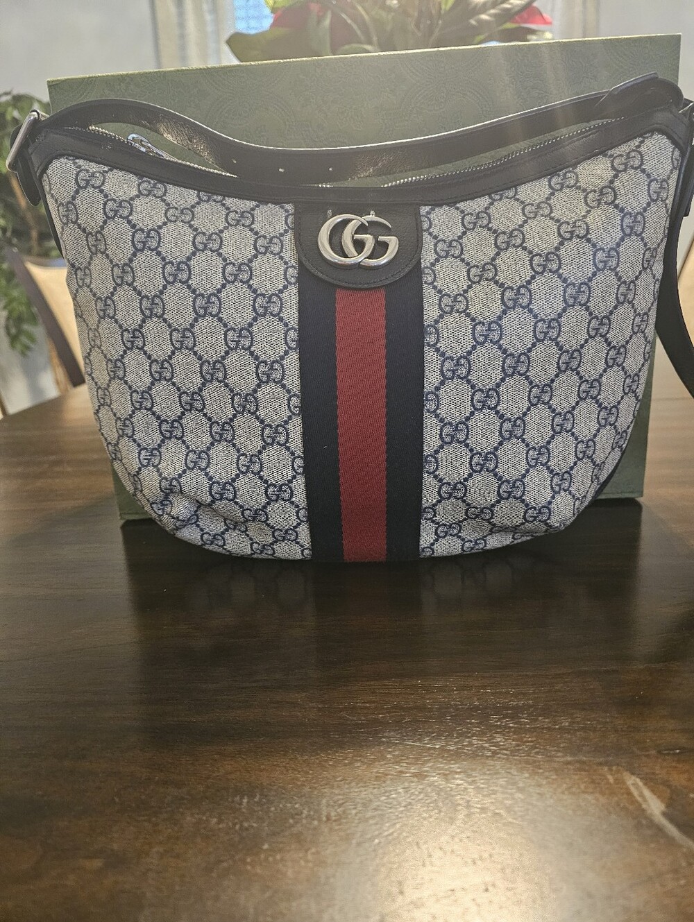 Gucci Blue/Beige Monogram Belt Bag with Red Stripe